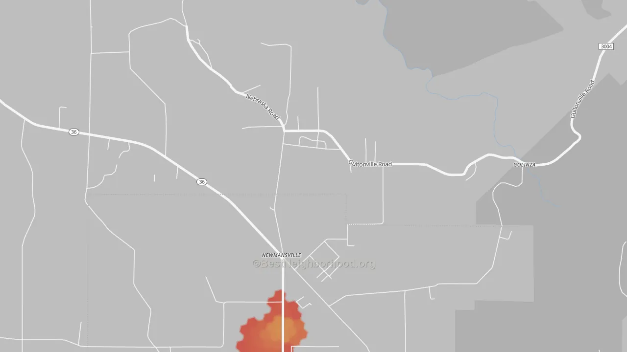 Walk Grade map of Newmansville, PA, walkable areas in green and car-dependent areas in red