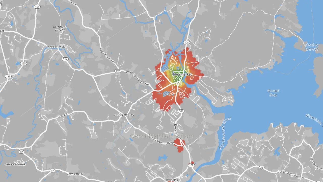 Walk Grade map of Newmarket, NH, walkable areas in green and car-dependent areas in red