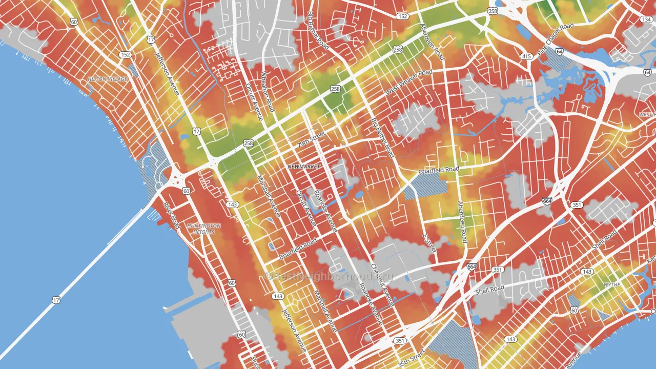 Walk Grade map of Newmarket South, Newport News, VA, walkable areas in green and car-dependent areas in red