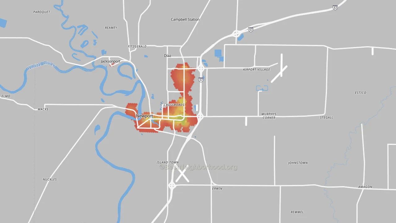Walk Grade map of Newport, AR, walkable areas in green and car-dependent areas in red