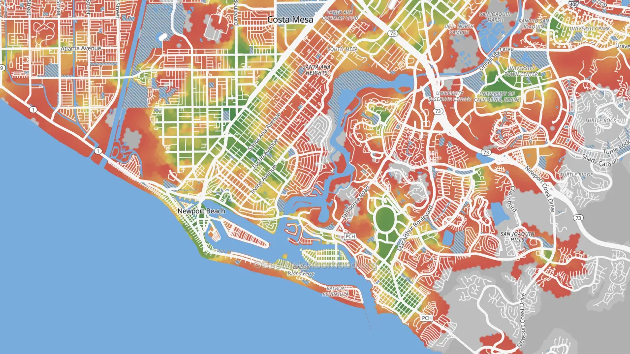 Walk Grade map of Newport Beach, CA, walkable areas in green and car-dependent areas in red