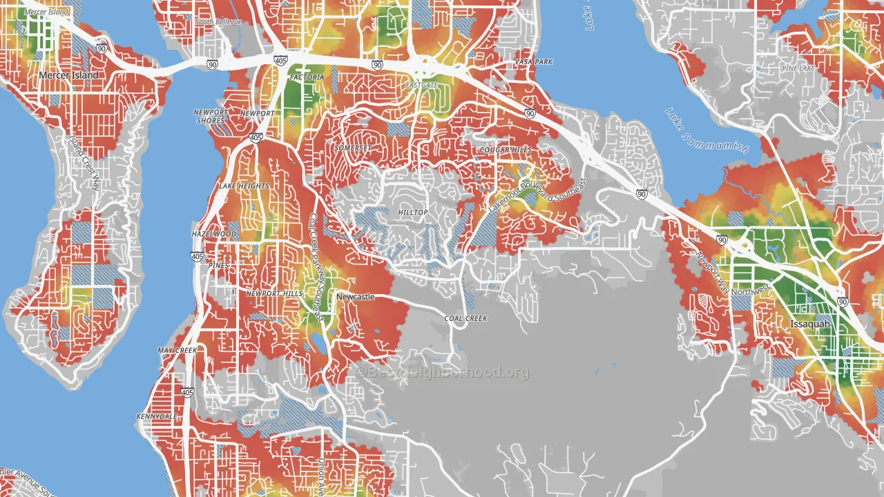 Walk Grade map of Newport, Bellevue, WA, walkable areas in green and car-dependent areas in red