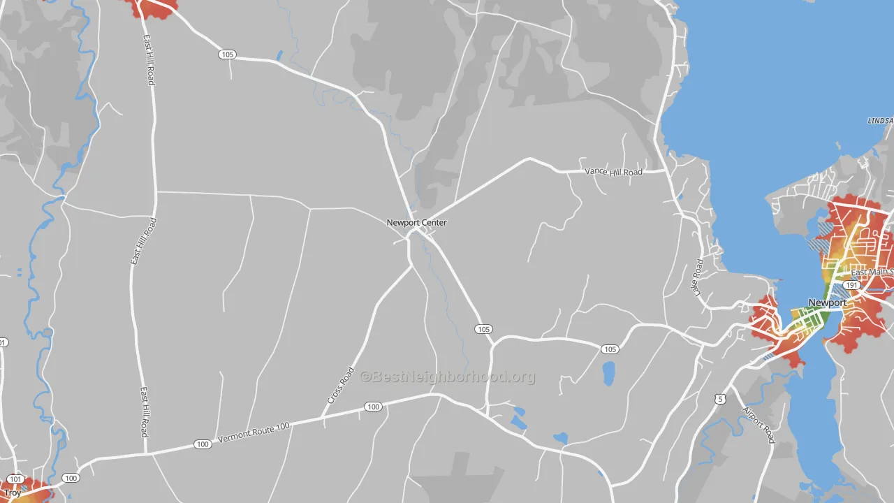 Walk Grade map of Newport Center, VT, walkable areas in green and car-dependent areas in red