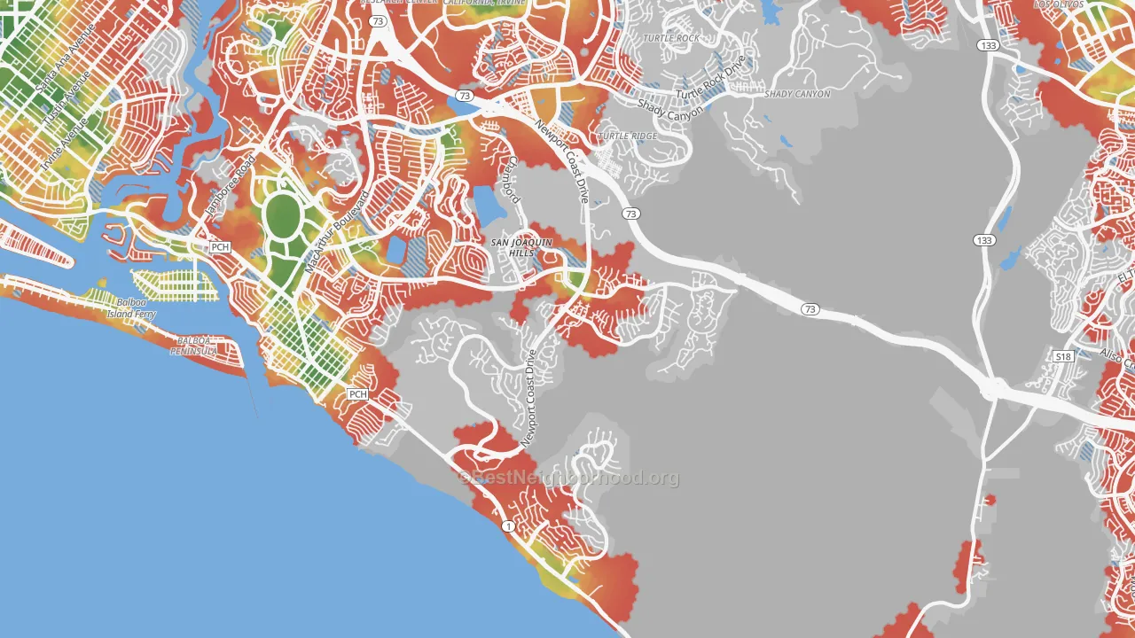 Walk Grade map of Newport Coast, CA, walkable areas in green and car-dependent areas in red