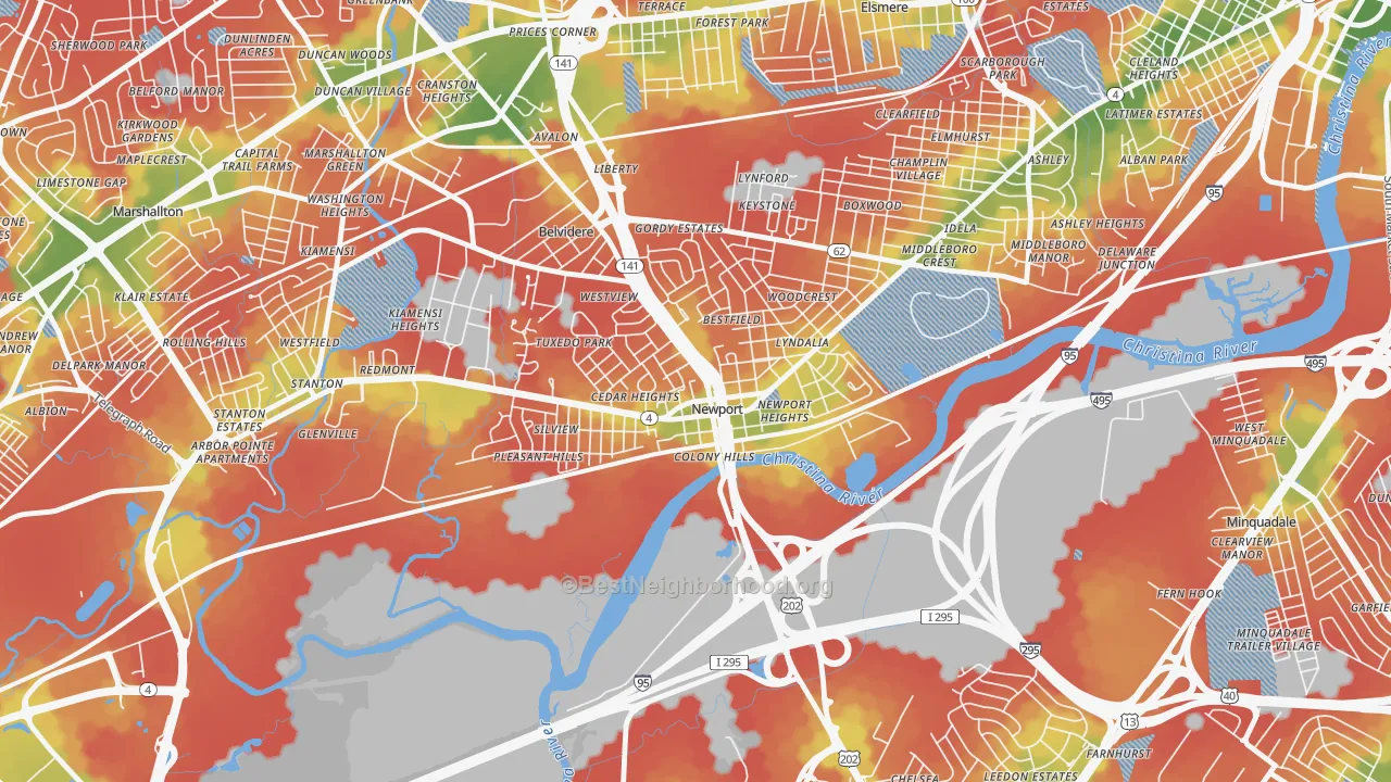 Walk Grade map of Newport, DE, walkable areas in green and car-dependent areas in red
