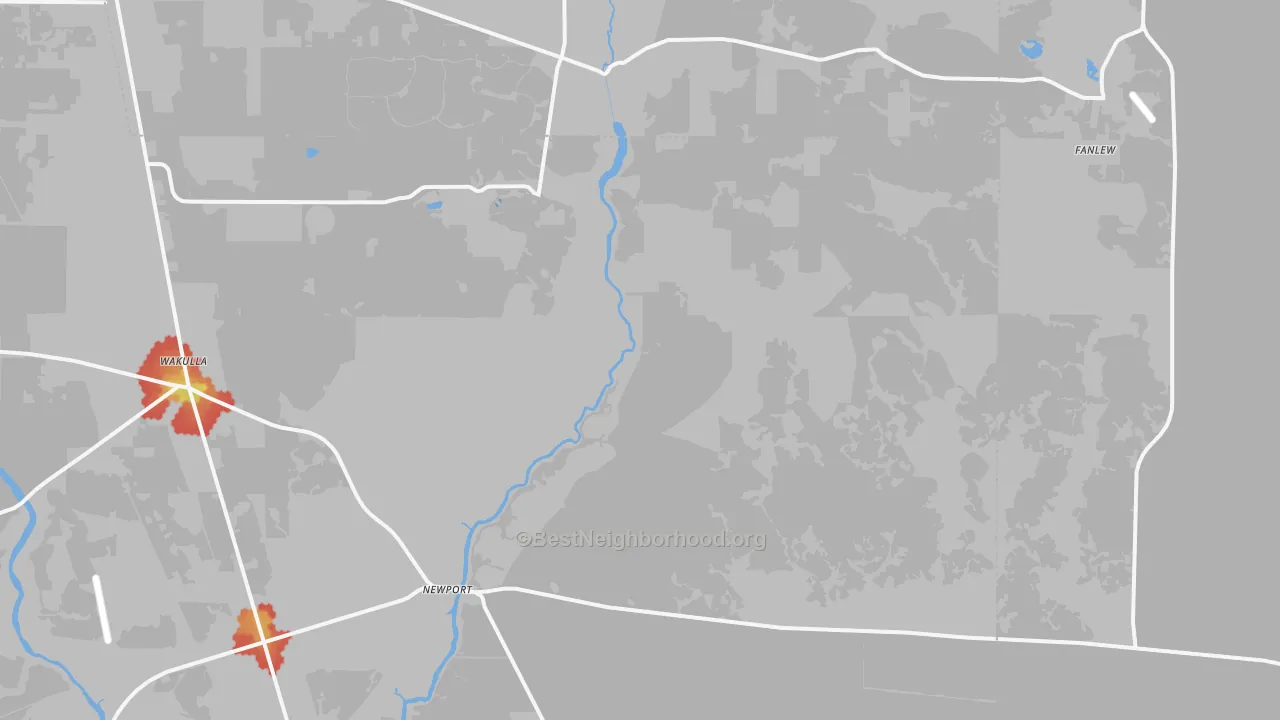 Walk Grade map of Newport, FL, walkable areas in green and car-dependent areas in red