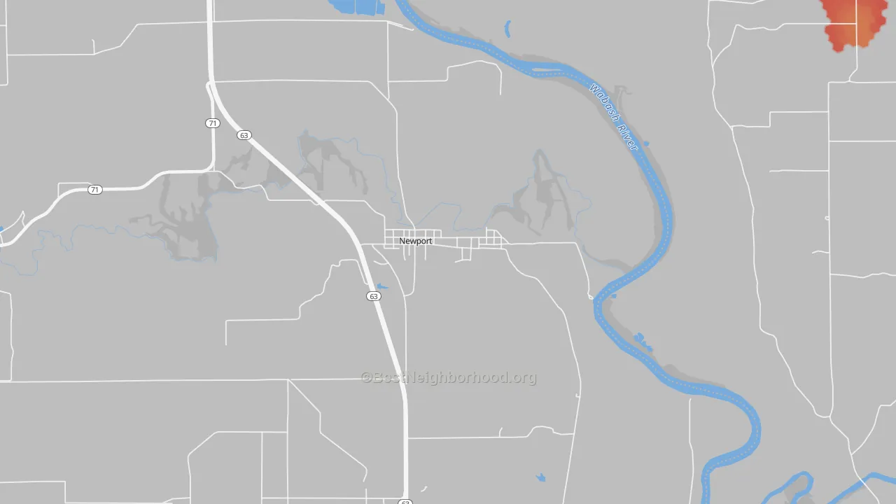 Walk Grade map of Newport, IN, walkable areas in green and car-dependent areas in red