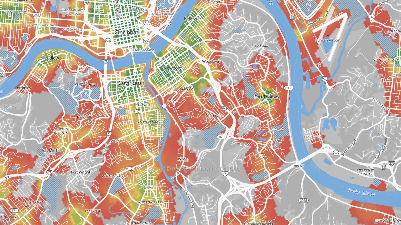 Walk Grade map of Newport, KY, walkable areas in green and car-dependent areas in red