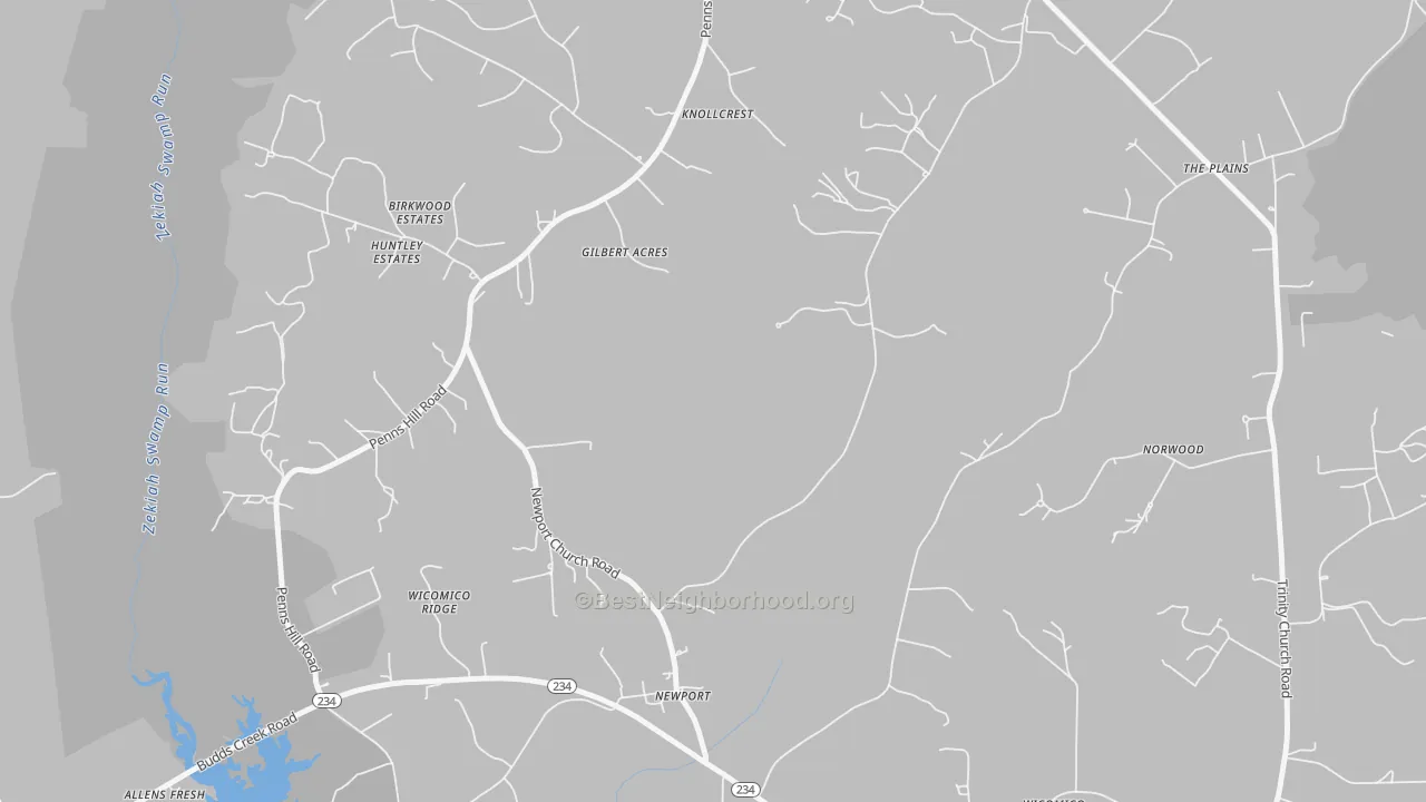 Walk Grade map of Newport, MD, walkable areas in green and car-dependent areas in red