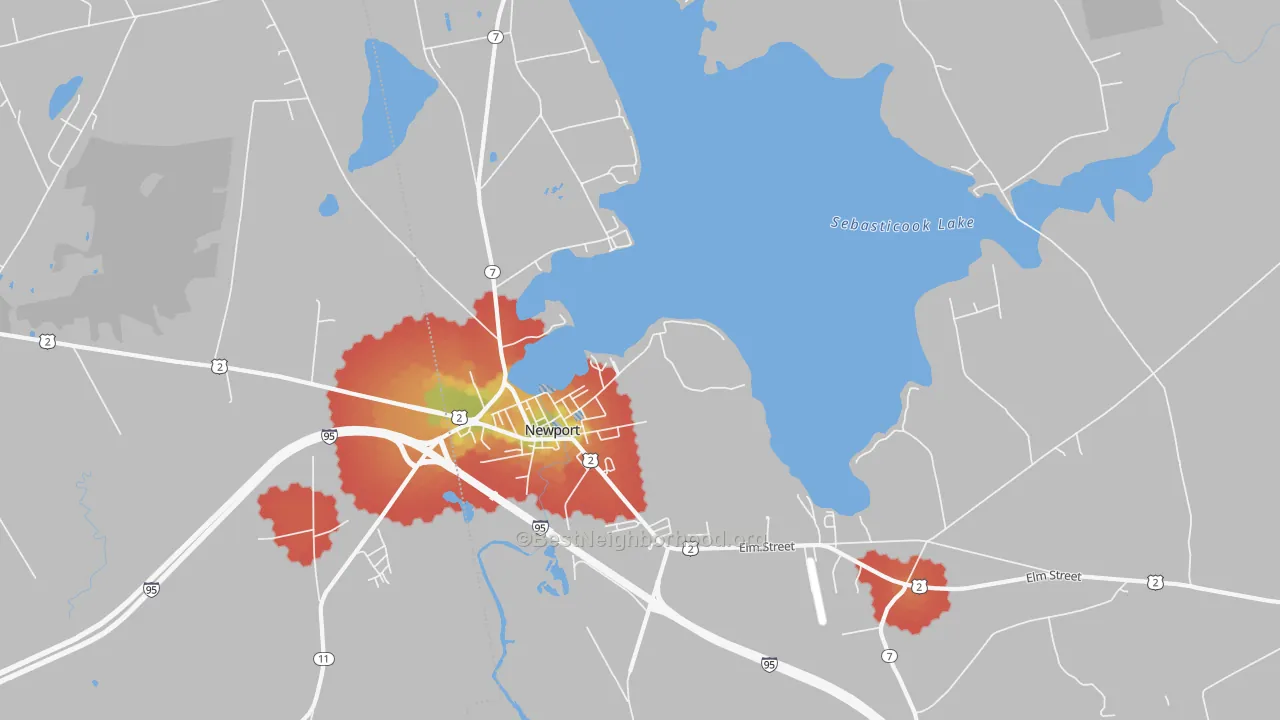 Walk Grade map of Newport, ME, walkable areas in green and car-dependent areas in red