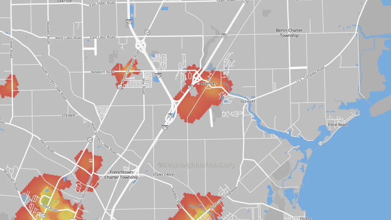 Walk Grade map of Newport, MI, walkable areas in green and car-dependent areas in red