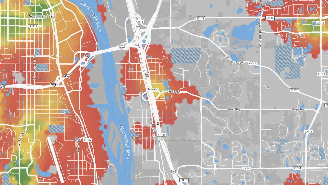 Walk Grade map of Newport, MN, walkable areas in green and car-dependent areas in red