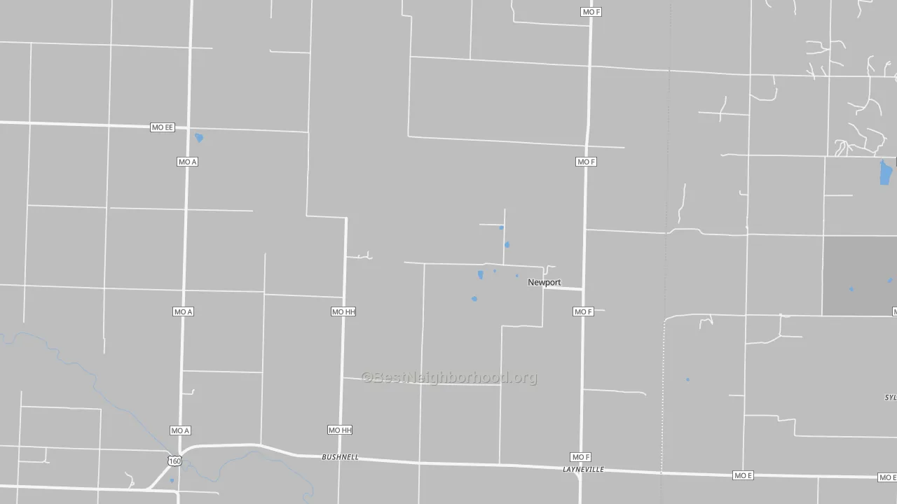 Walk Grade map of Newport, MO, walkable areas in green and car-dependent areas in red