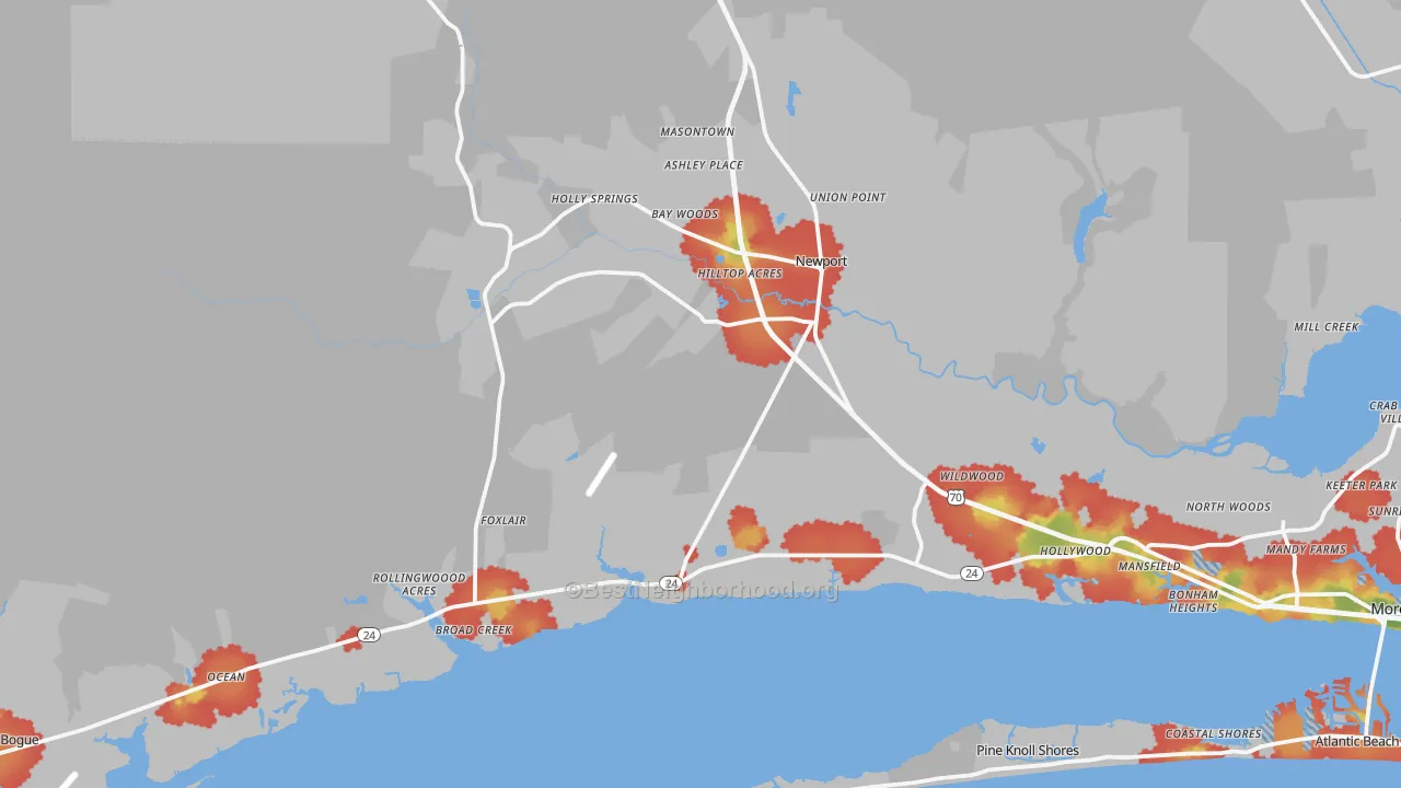 Walk Grade map of Newport, NC, walkable areas in green and car-dependent areas in red