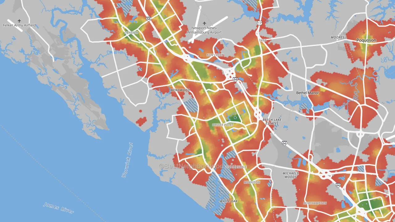 Walk Grade map of Newport News City, VA, walkable areas in green and car-dependent areas in red