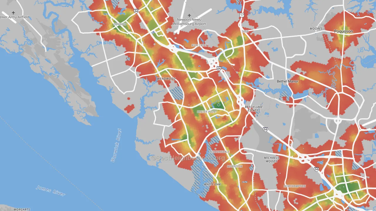 Walk Grade map of Newport News, VA, walkable areas in green and car-dependent areas in red