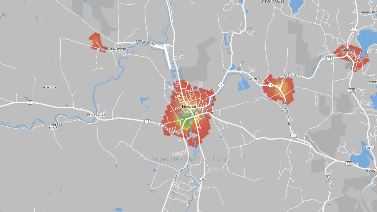 Walk Grade map of Newport, NH, walkable areas in green and car-dependent areas in red