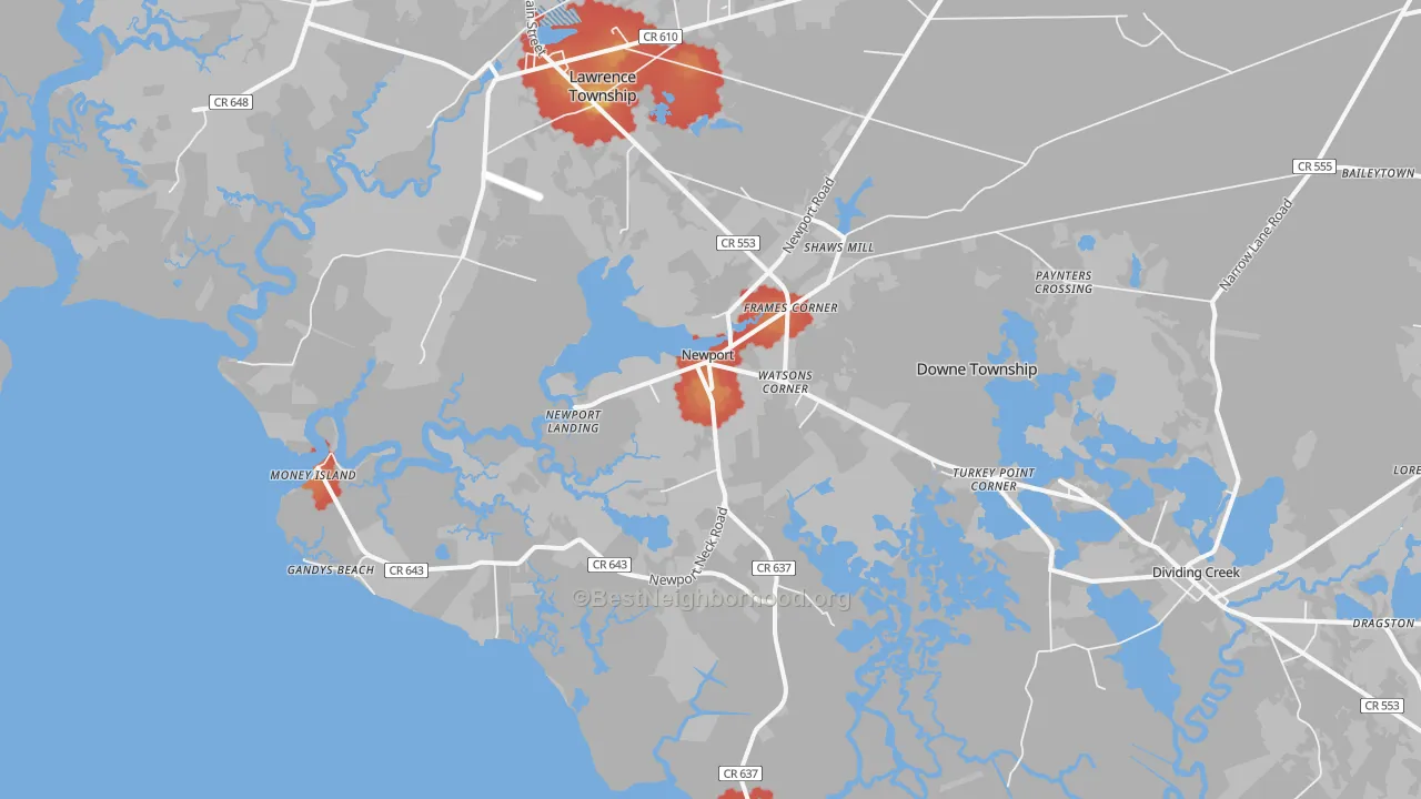 Walk Grade map of Newport, NJ, walkable areas in green and car-dependent areas in red