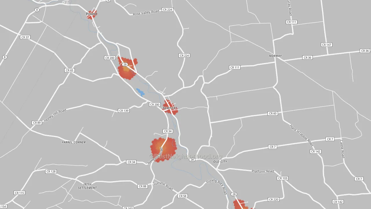 Walk Grade map of Newport, NY, walkable areas in green and car-dependent areas in red