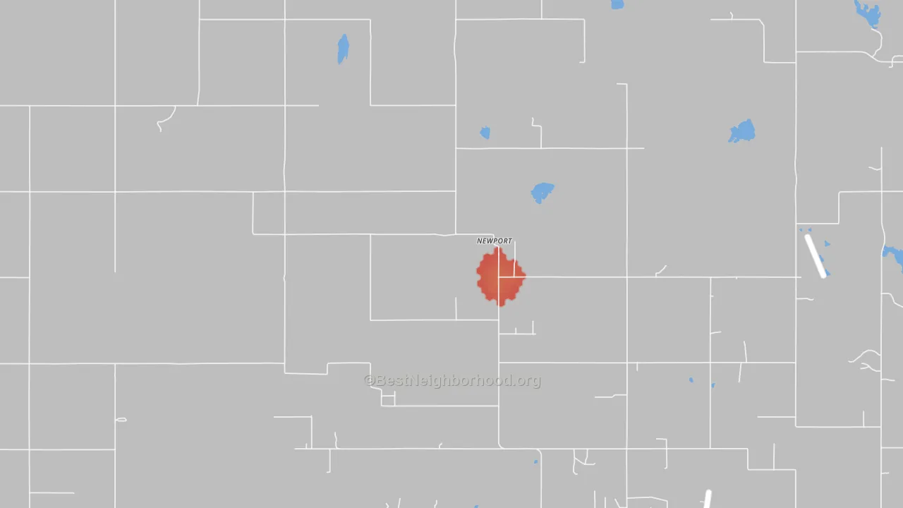 Walk Grade map of Newport, OK, walkable areas in green and car-dependent areas in red