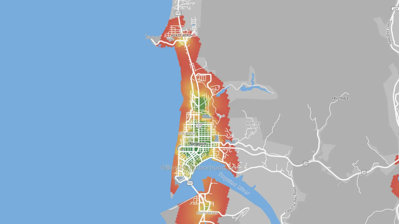 Walk Grade map of Newport, OR, walkable areas in green and car-dependent areas in red