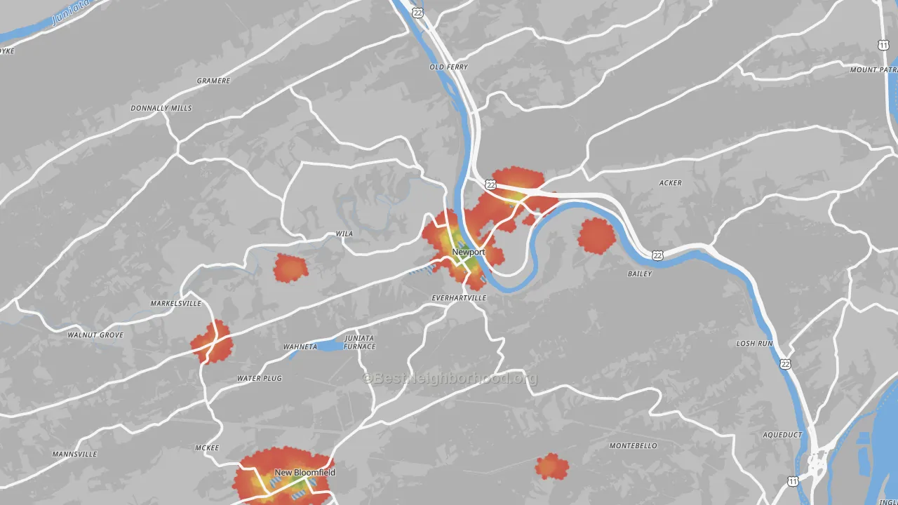 Walk Grade map of Newport, PA, walkable areas in green and car-dependent areas in red