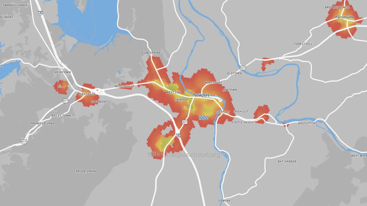 Walk Grade map of Newport, TN, walkable areas in green and car-dependent areas in red