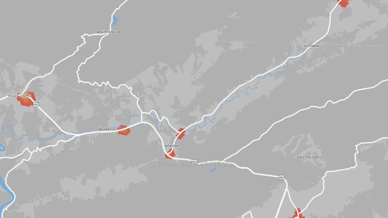Walk Grade map of Newport, VA, walkable areas in green and car-dependent areas in red