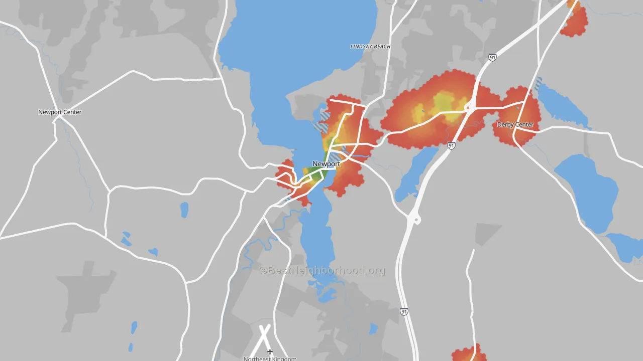 Walk Grade map of Newport, VT, walkable areas in green and car-dependent areas in red