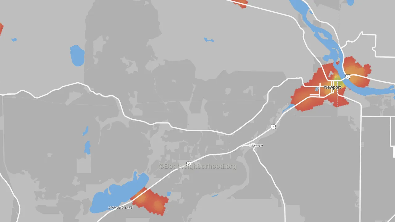 Walk Grade map of Newport, WA, walkable areas in green and car-dependent areas in red