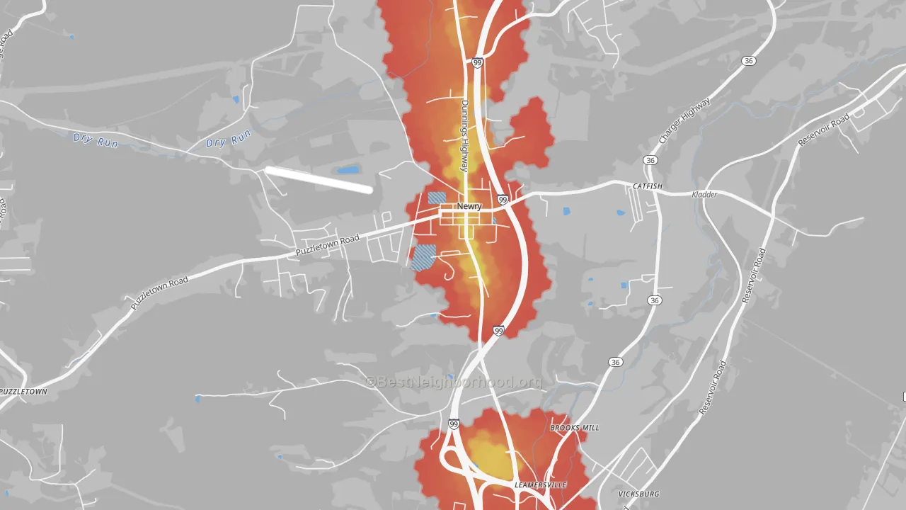 Walk Grade map of Newry, PA, walkable areas in green and car-dependent areas in red