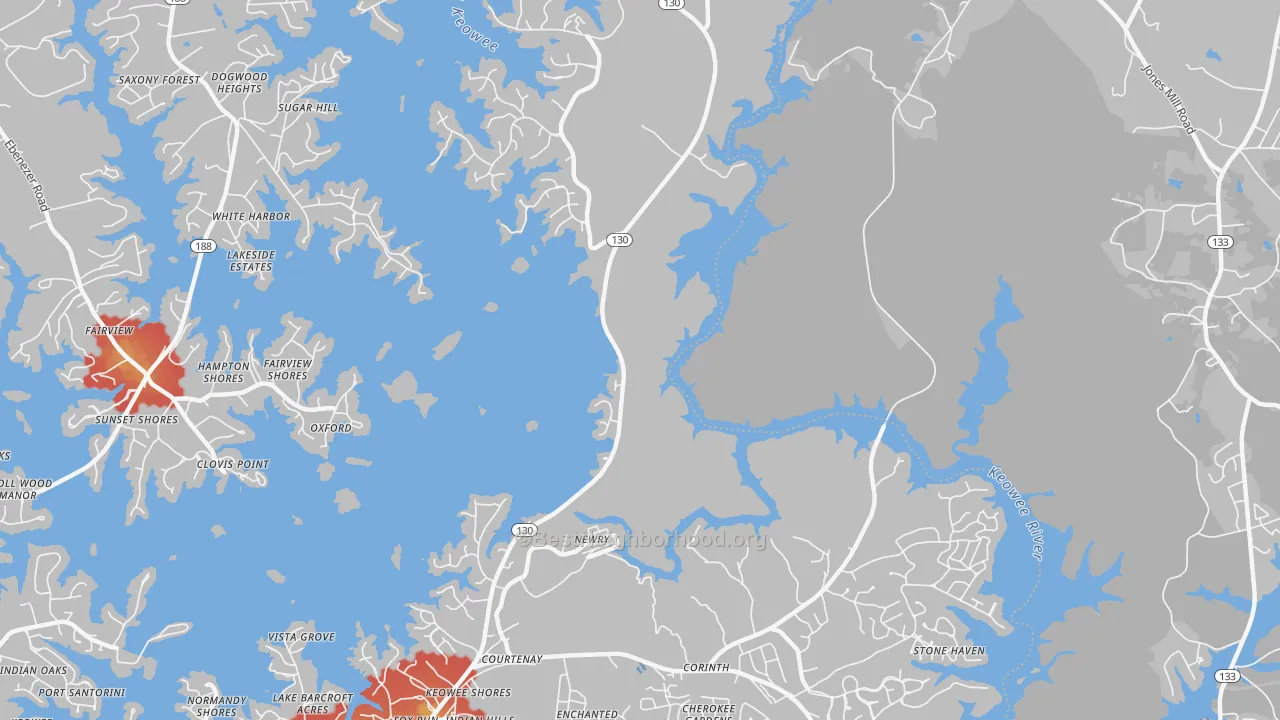 Walk Grade map of Newry, SC, walkable areas in green and car-dependent areas in red