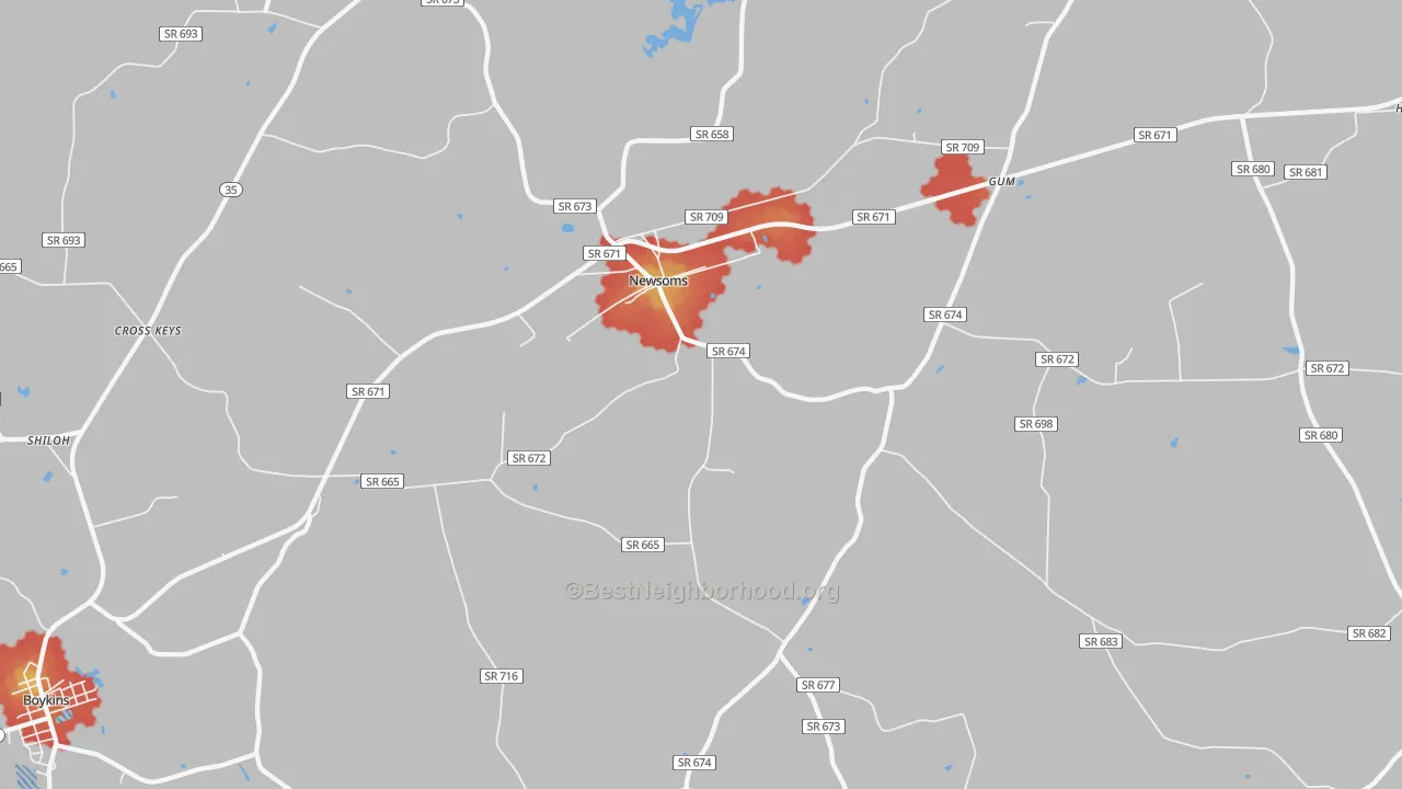 Walk Grade map of Newsoms, VA, walkable areas in green and car-dependent areas in red