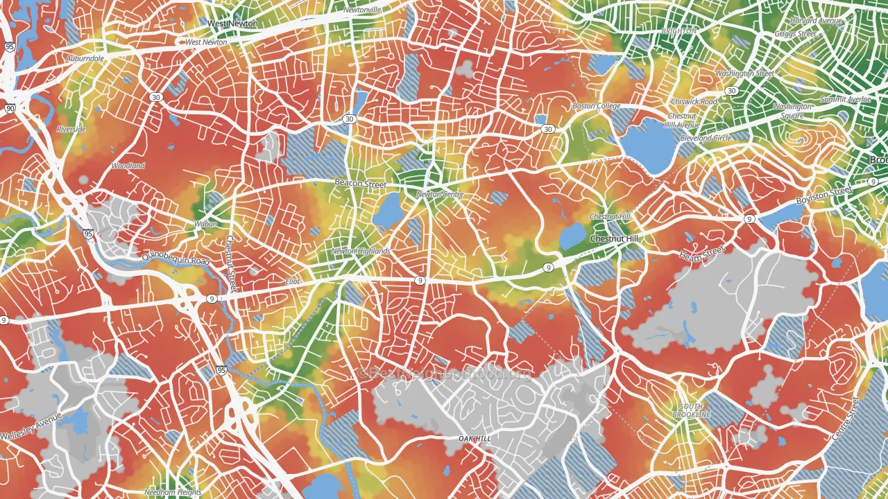 Walk Grade map of Newton Center, MA, walkable areas in green and car-dependent areas in red