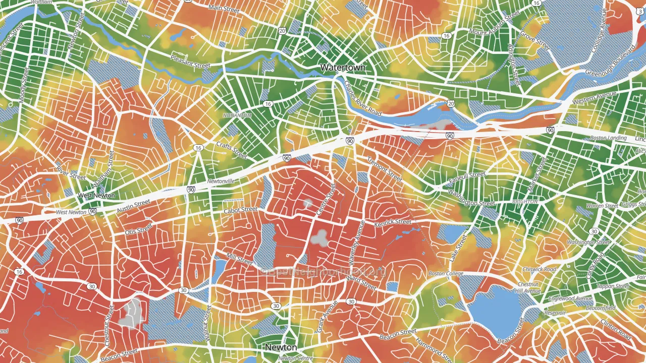 Walk Grade map of Newton Corner, Newton, MA, walkable areas in green and car-dependent areas in red