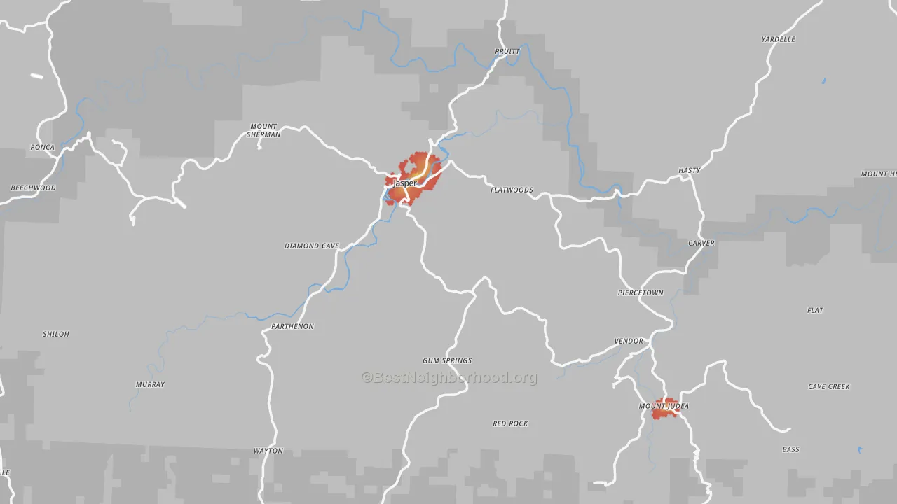 Walk Grade map of Newton County, AR, walkable areas in green and car-dependent areas in red