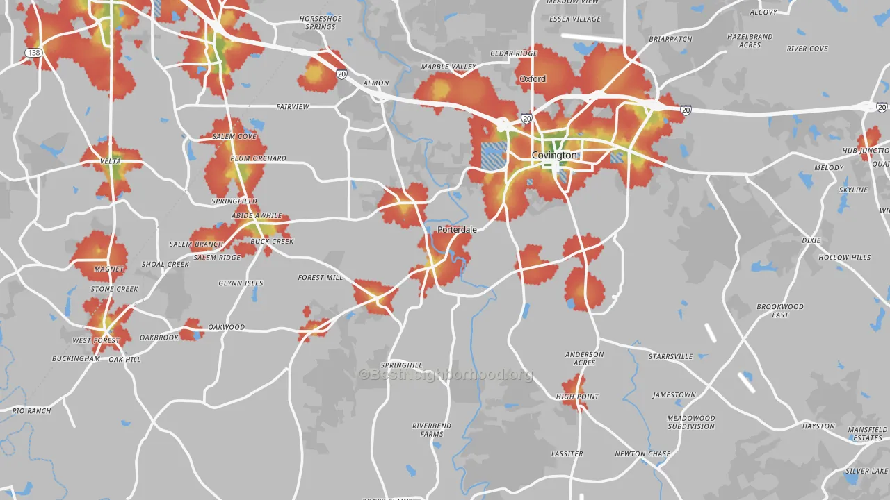 Walk Grade map of Newton County, GA, walkable areas in green and car-dependent areas in red