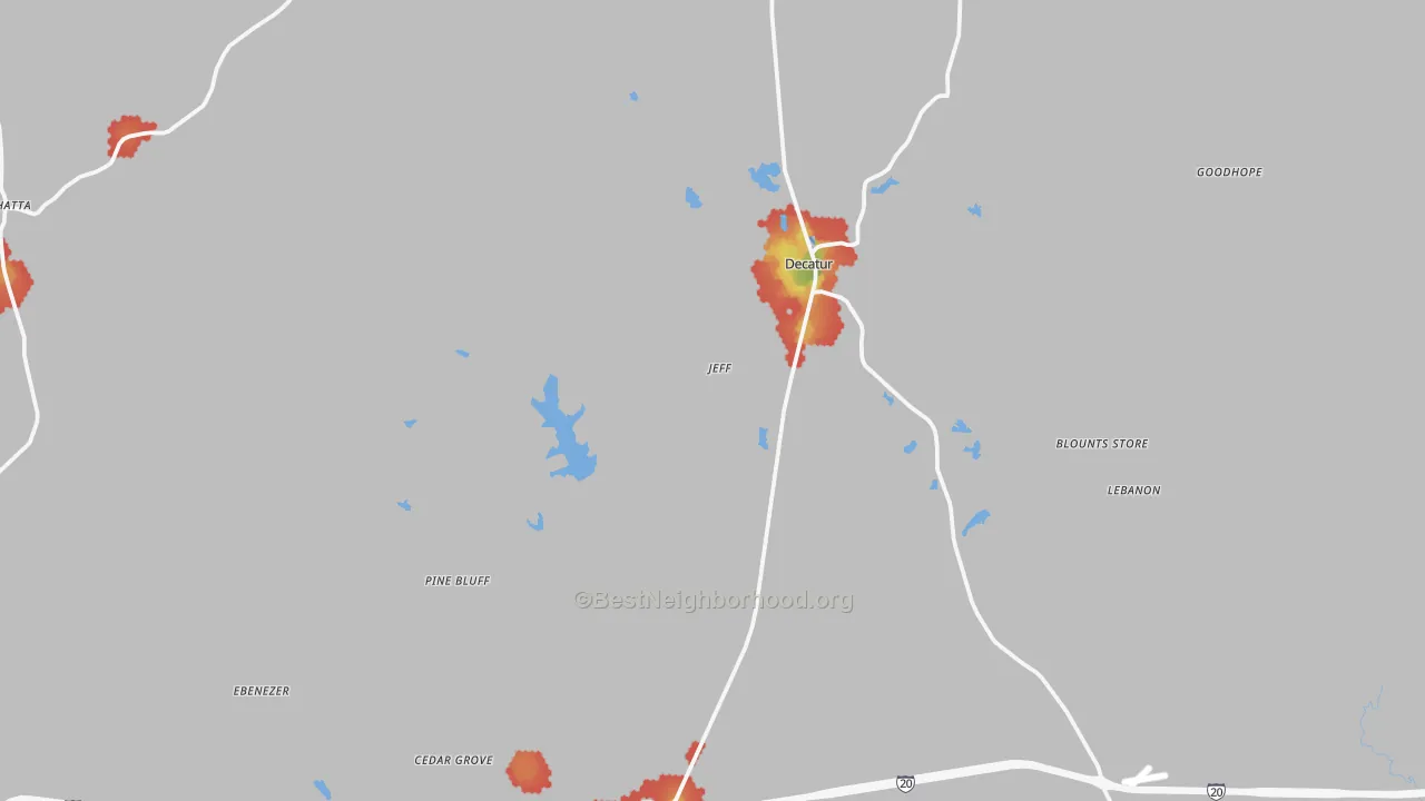 Walk Grade map of Newton County, MS, walkable areas in green and car-dependent areas in red