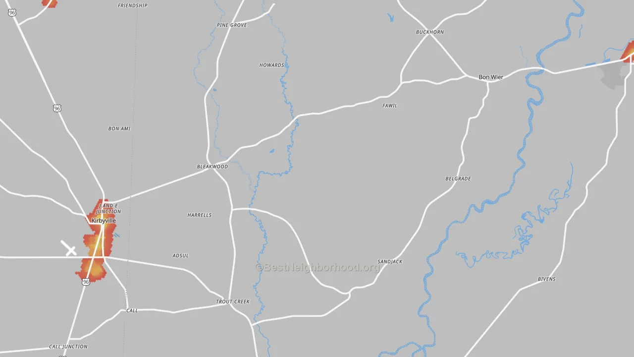 Walk Grade map of Newton County, TX, walkable areas in green and car-dependent areas in red
