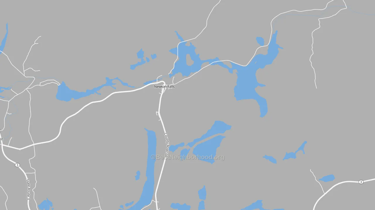 Walk Grade map of Newton Falls, NY, walkable areas in green and car-dependent areas in red