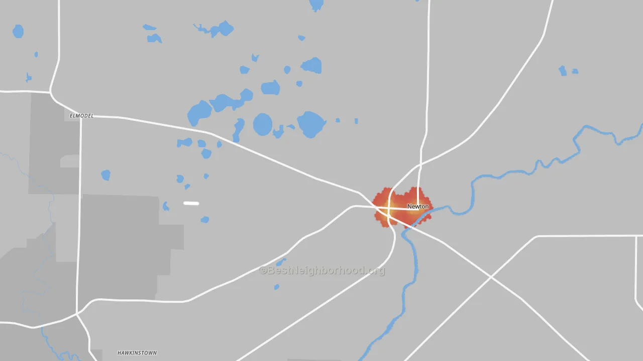 Walk Grade map of Newton, GA, walkable areas in green and car-dependent areas in red
