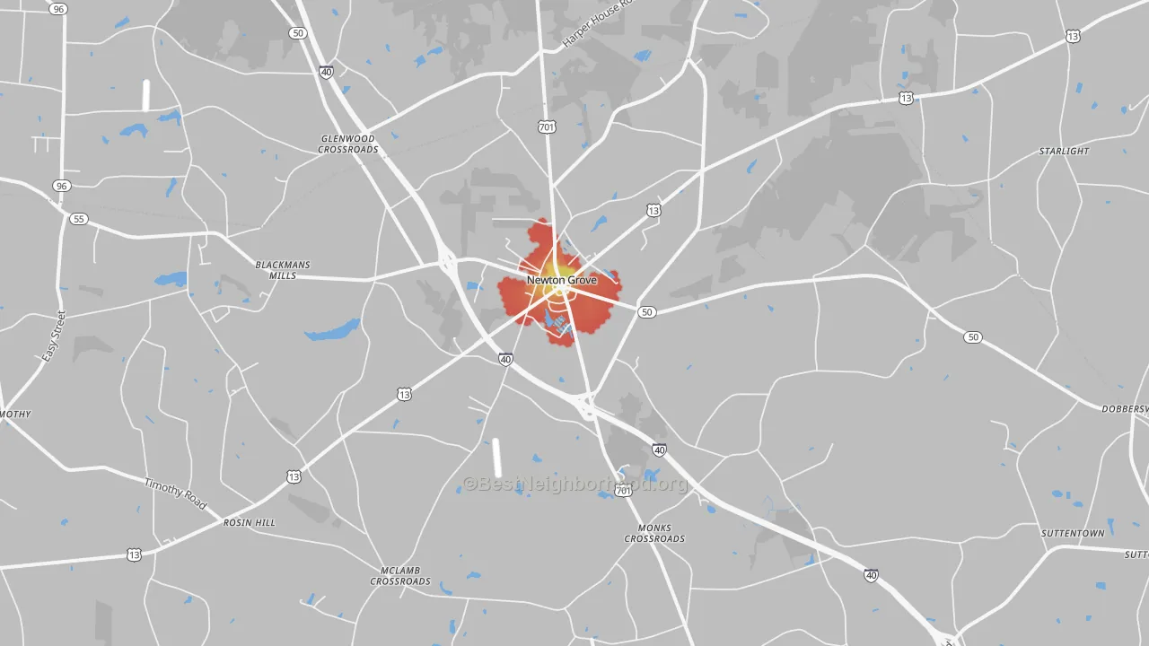 Walk Grade map of Newton Grove, NC, walkable areas in green and car-dependent areas in red