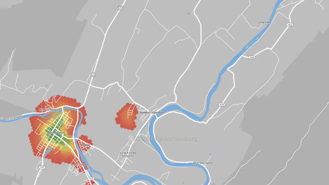 Walk Grade map of Newton Hamilton, PA, walkable areas in green and car-dependent areas in red