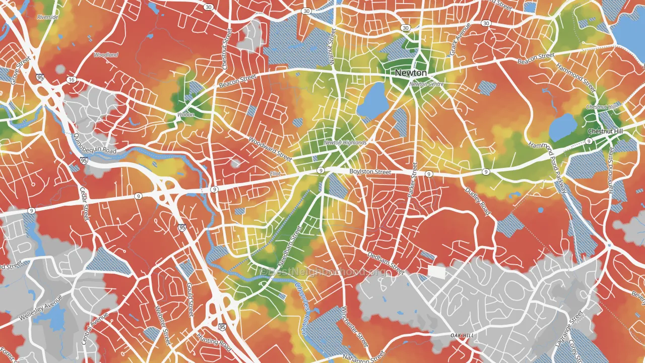 Walk Grade map of Newton Highlands, MA, walkable areas in green and car-dependent areas in red