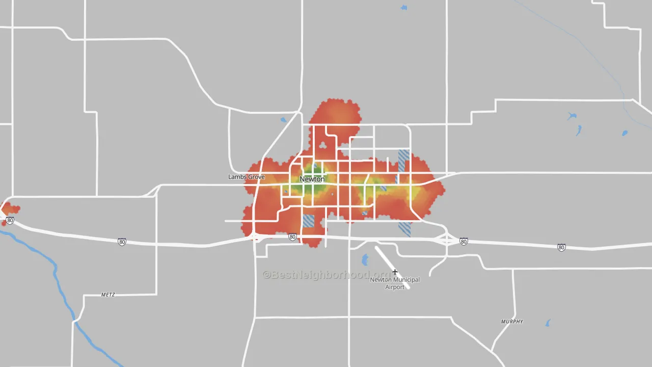 Walk Grade map of Newton, IA, walkable areas in green and car-dependent areas in red