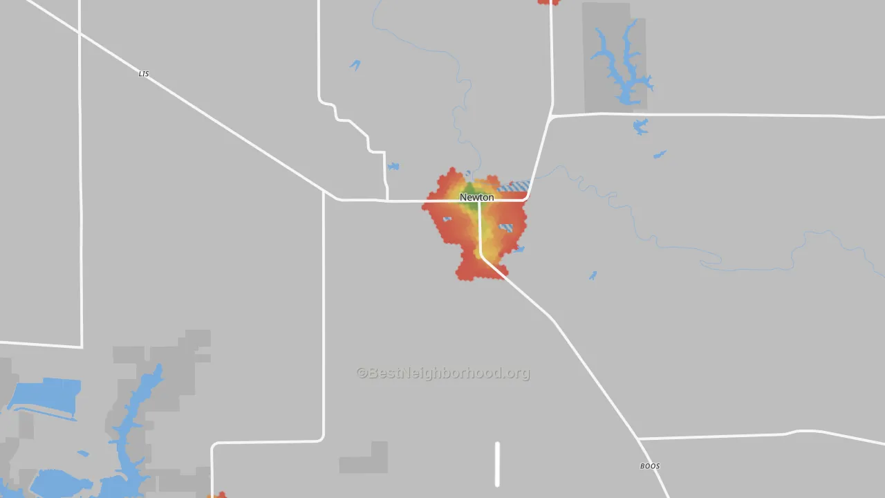 Walk Grade map of Newton, IL, walkable areas in green and car-dependent areas in red