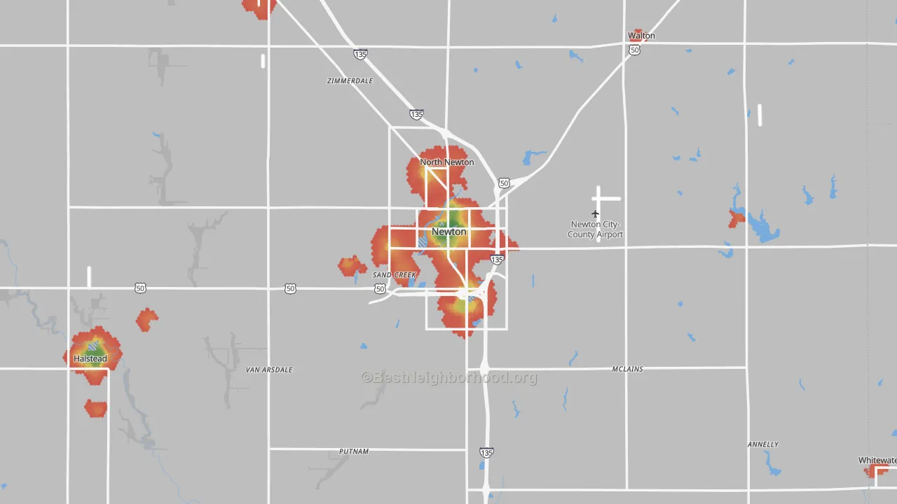 Walk Grade map of Newton, KS, walkable areas in green and car-dependent areas in red