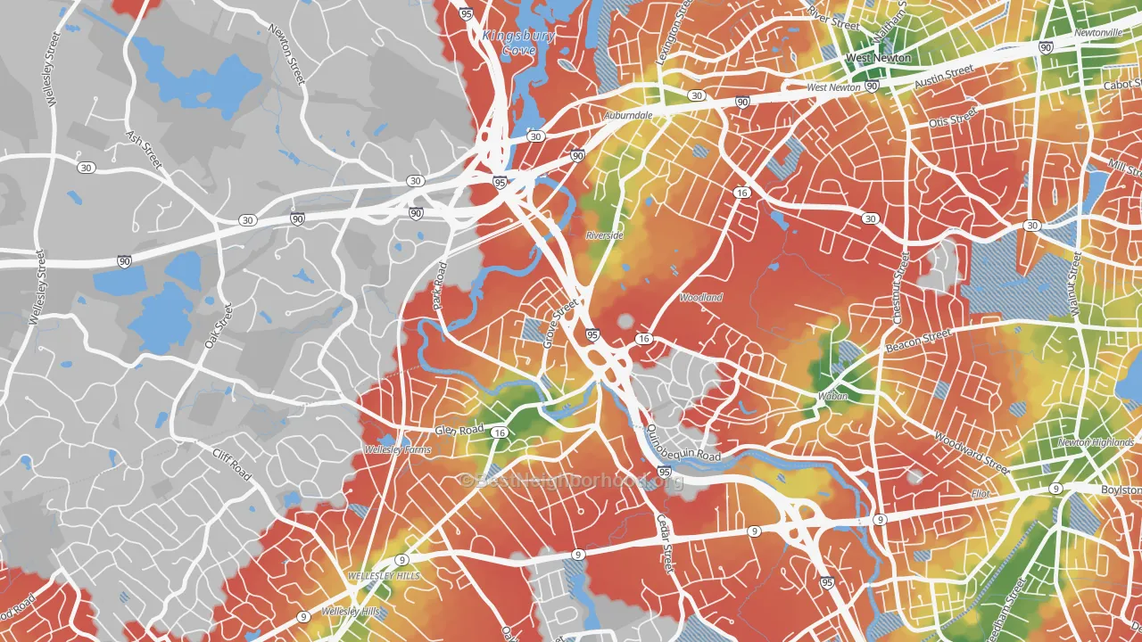 Walk Grade map of Newton Lower Falls, MA, walkable areas in green and car-dependent areas in red