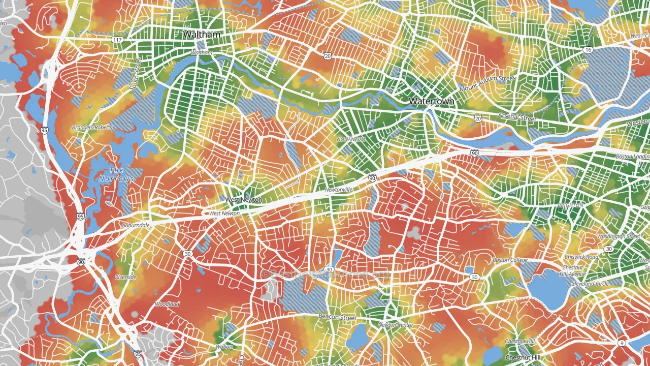 Walk Grade map of Newton, MA, walkable areas in green and car-dependent areas in red