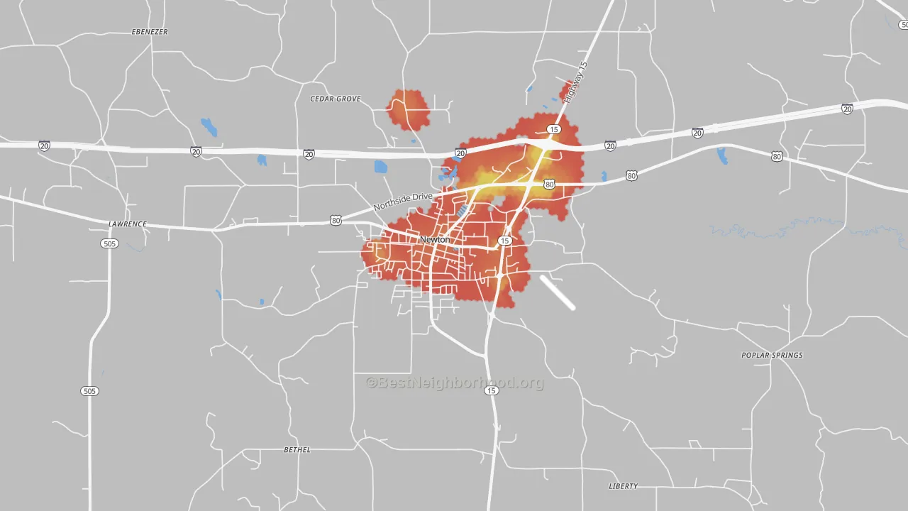 Walk Grade map of Newton, MS, walkable areas in green and car-dependent areas in red